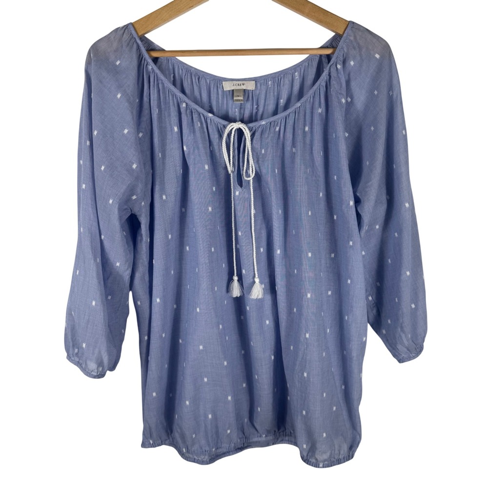 J.Crew Womens Blue Clip Dot Cotton Peasant Blouse Womens L Tassel Tie Top